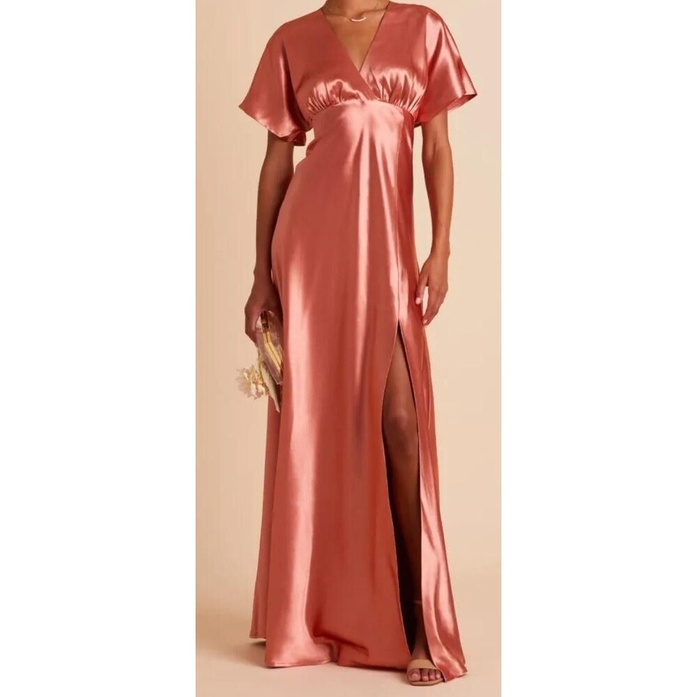 Birdy Grey Jesse Dress Womens Small Terracotta Shiny Satin Maxi V Neck Slit